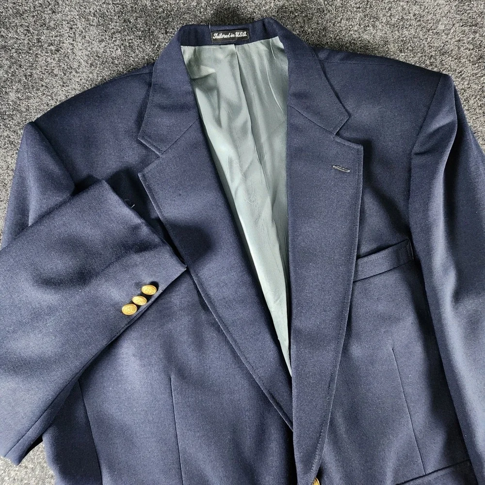 VTG Stafford Mens Navy Blue Hopsack Blazer Gold Crest Buttons USA Made Size 46R